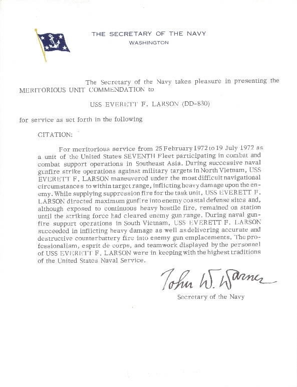 John W. Warner, (Acting) Secretary of the Navy - Meritorious Unit Commendation - USS Everett F. Larson
