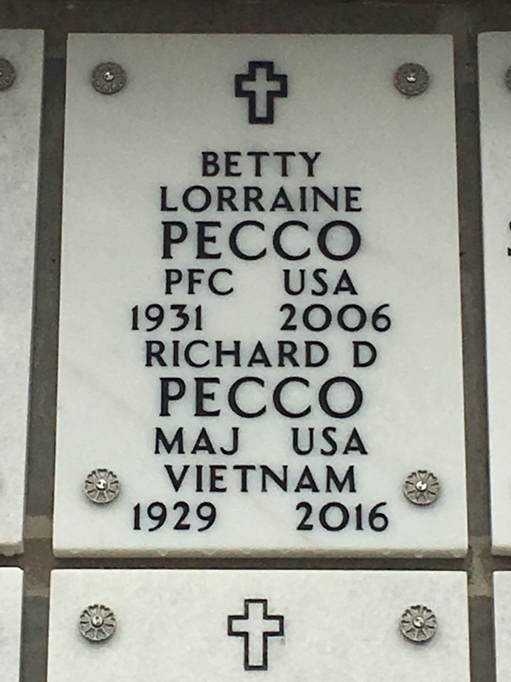 Headstone shared by 2 interments, including Betty Lorraine Pecco