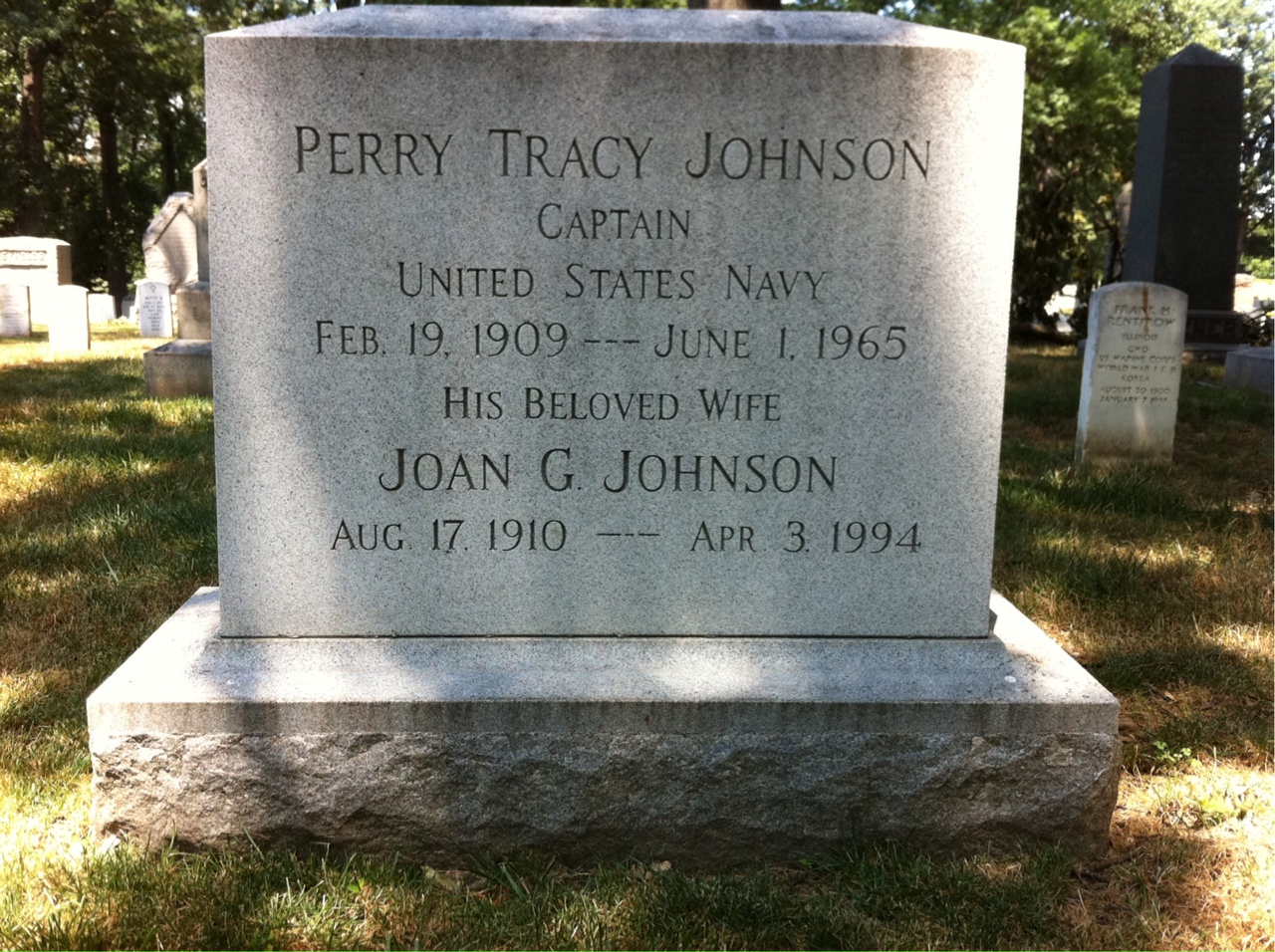 Headstone shared by 2 interments, including Perry T Johnson