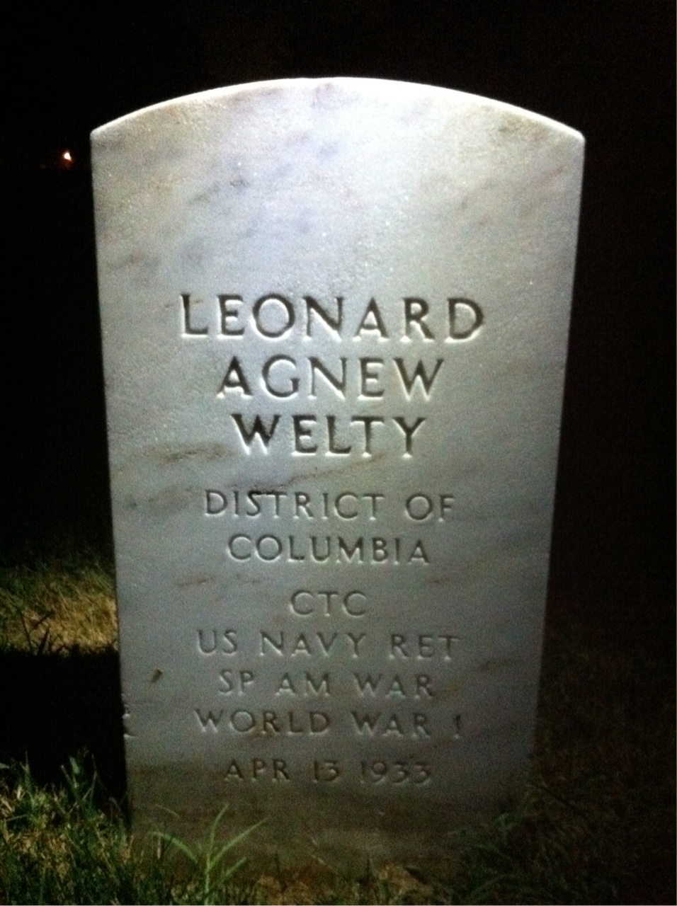 Headstone shared by 2 interments, including Leonard Agnew Welty