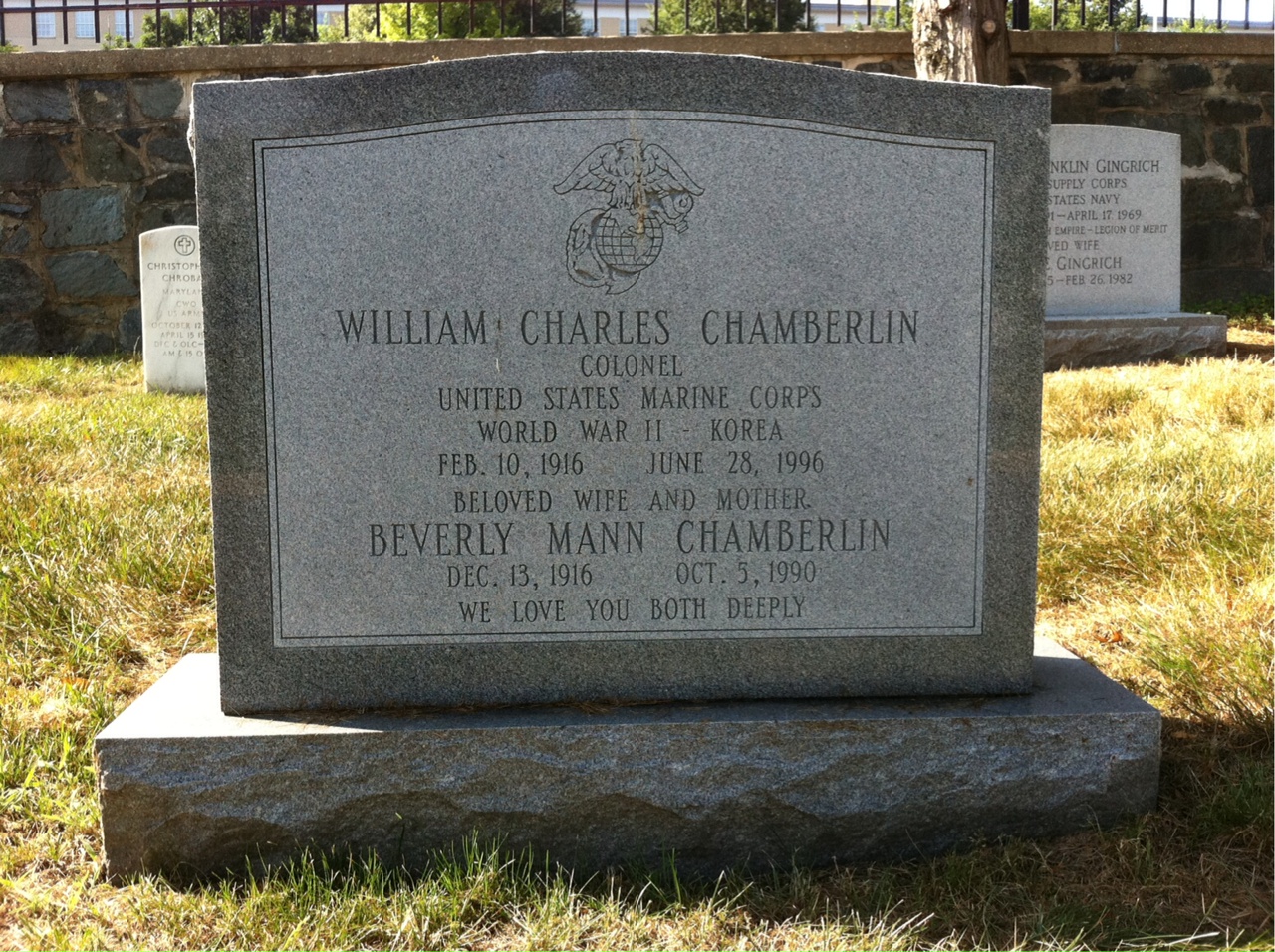 Headstone shared by 2 interments, including William C Chamberlin