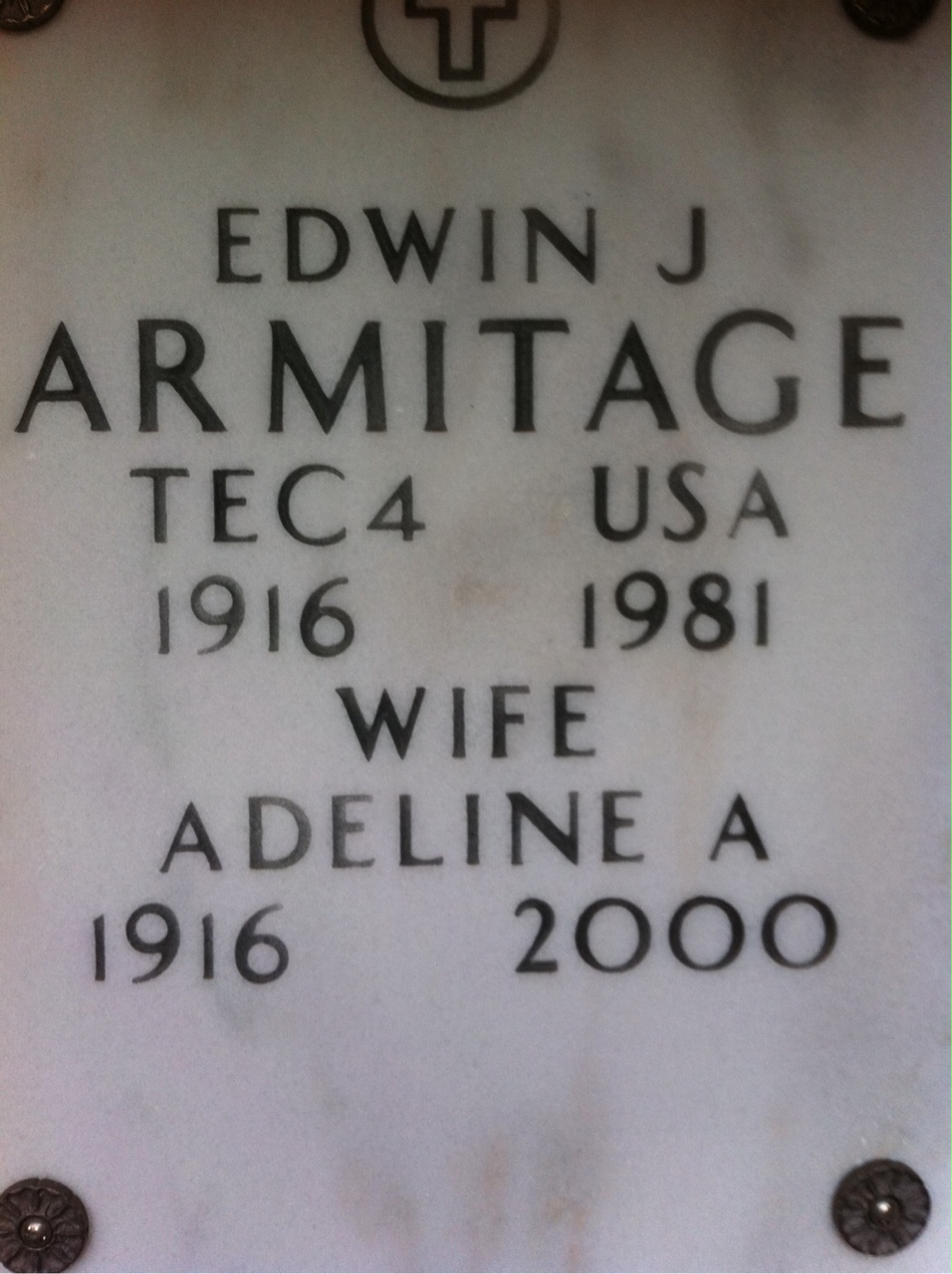 Headstone shared by 2 interments, including Adeline A Armitage