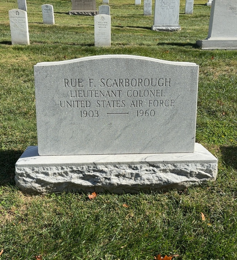 Headstone shared by 2 interments, including Rue Forrest Scarborough