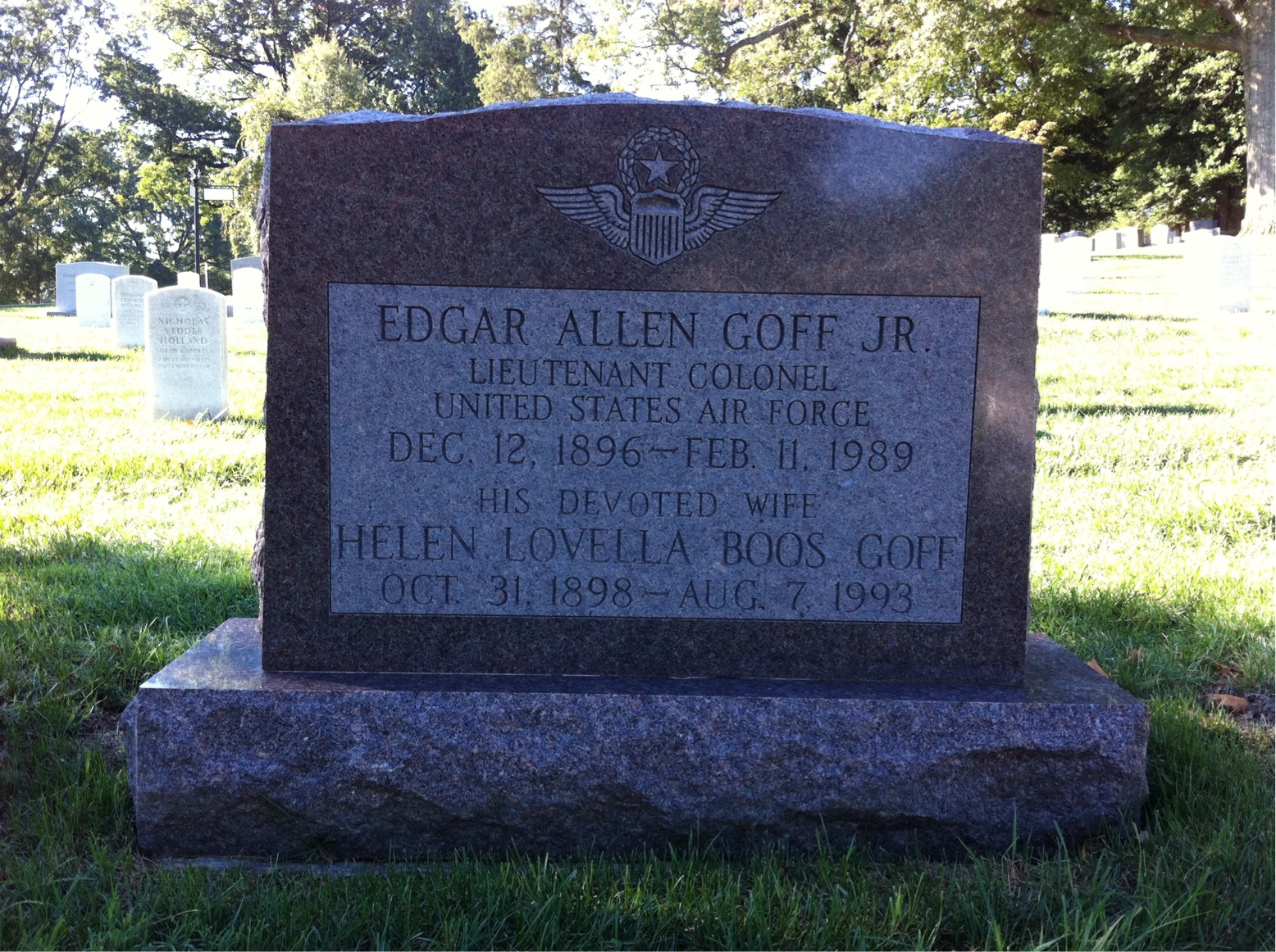 Headstone shared by 2 interments, including Edgar A Goff Jr.