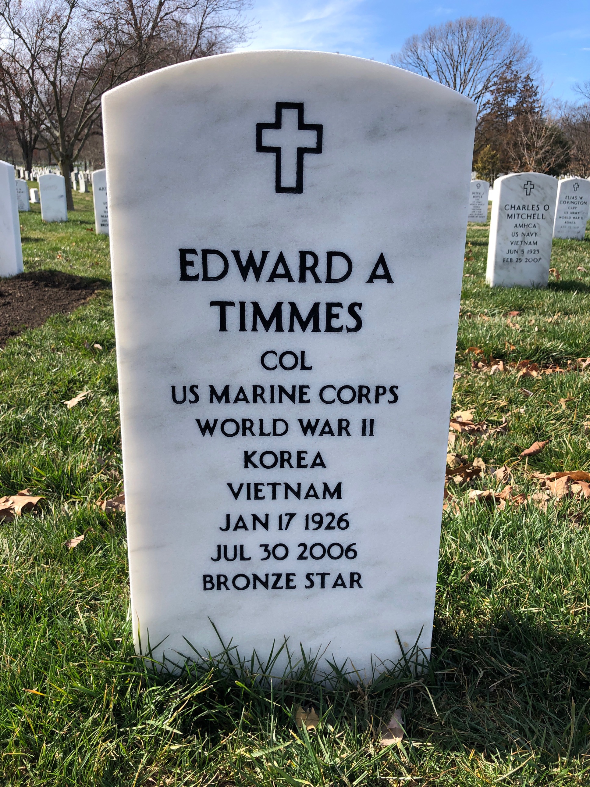 Headstone shared by 2 interments, including Edward A Timmes