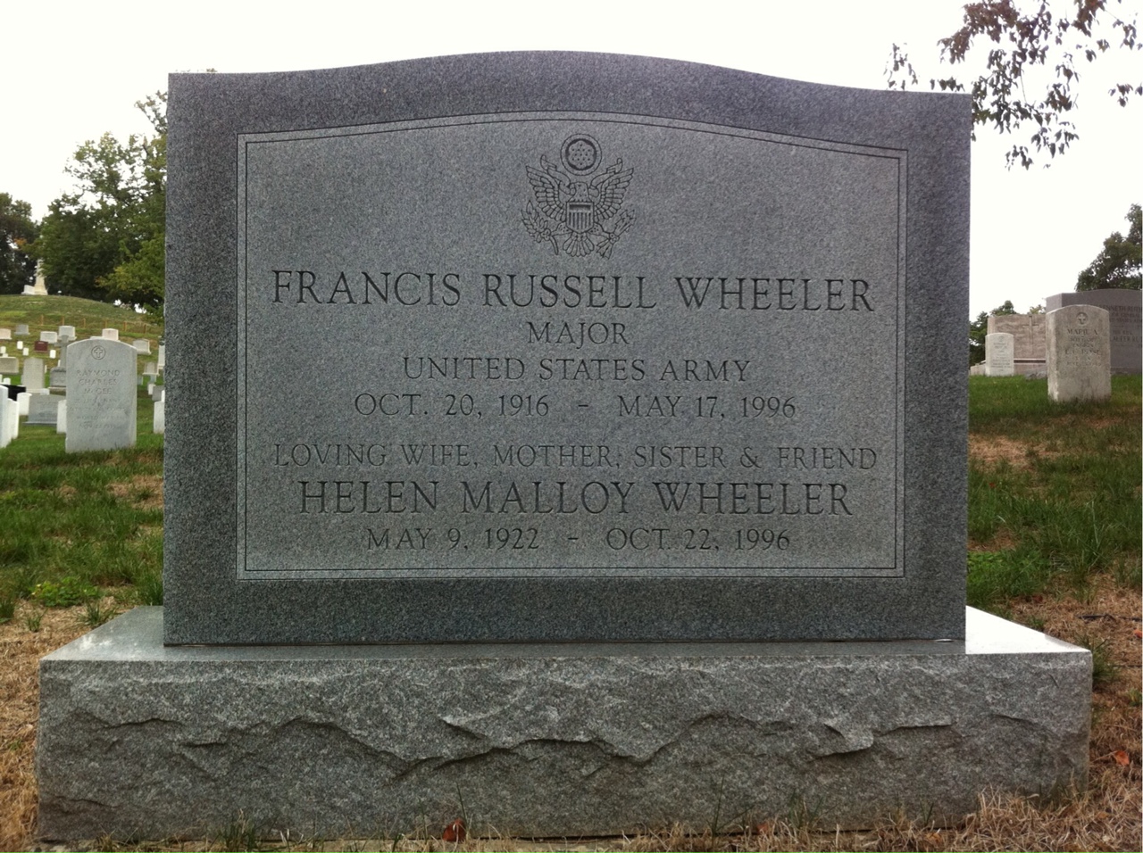 Headstone shared by 2 interments, including Francis R Wheeler