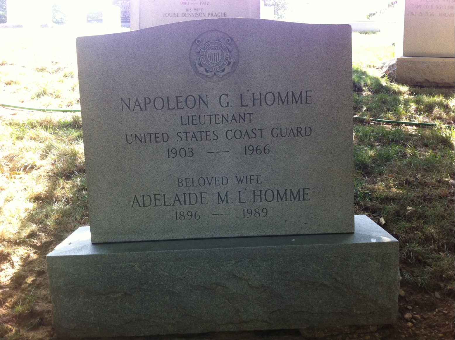 Headstone shared by 2 interments, including Adelaide M L'Homme