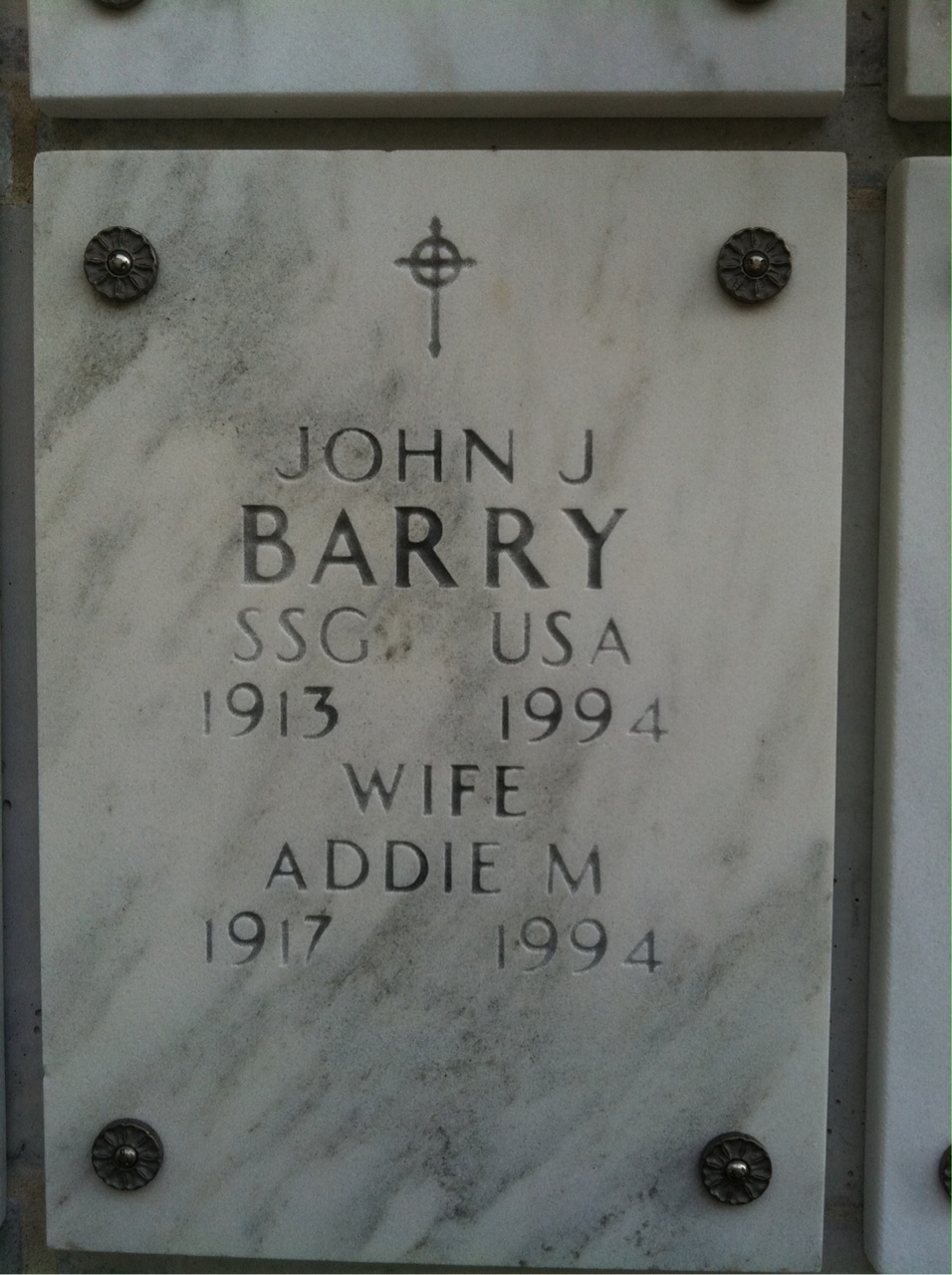 Headstone shared by 2 interments, including Addie M Barry