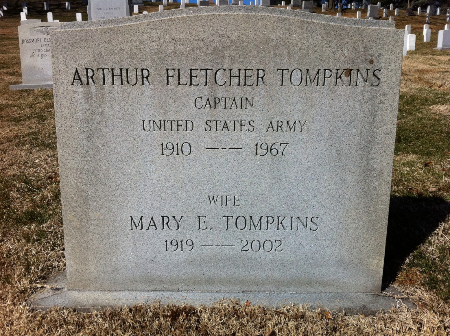 Headstone shared by 2 interments, including Arthur F Tompkins
