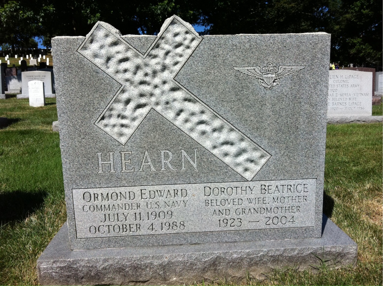 Headstone shared by 2 interments, including Ormond E Hearn Sr.