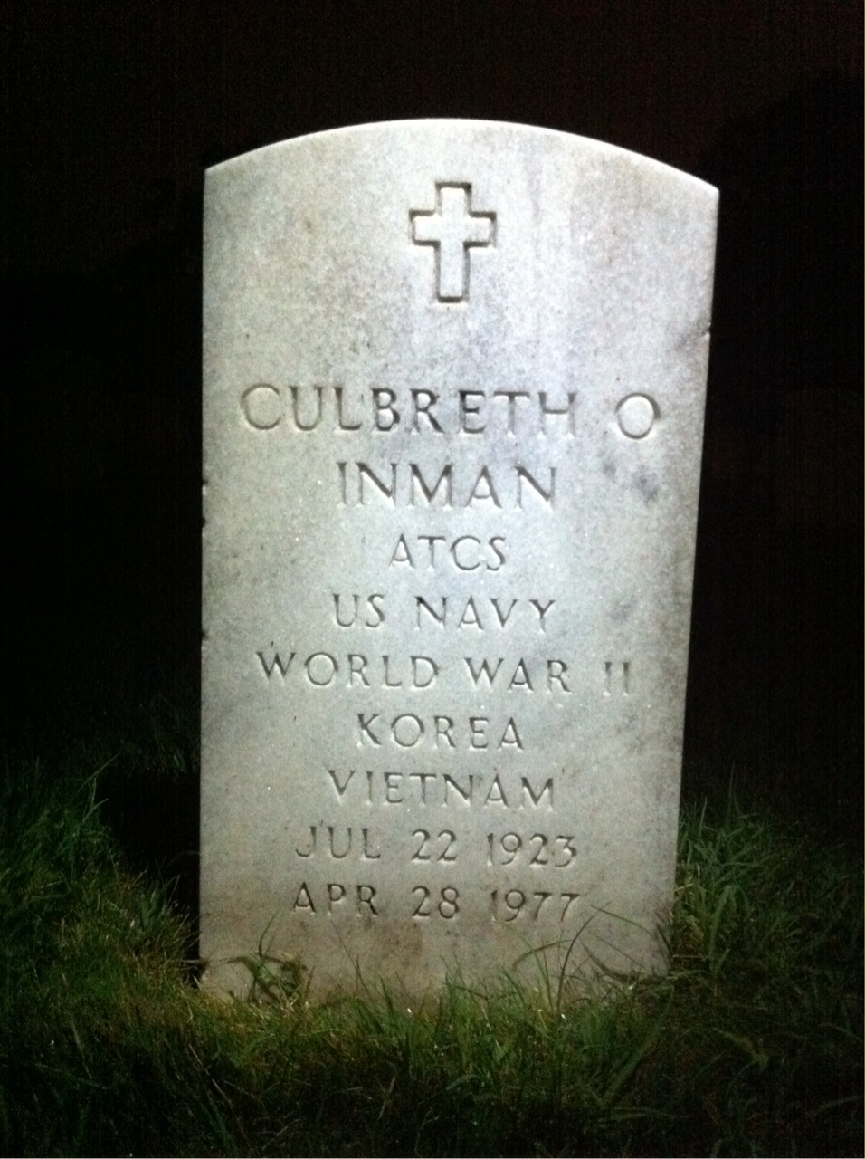 Headstone shared by 2 interments, including Culbreth O Inman