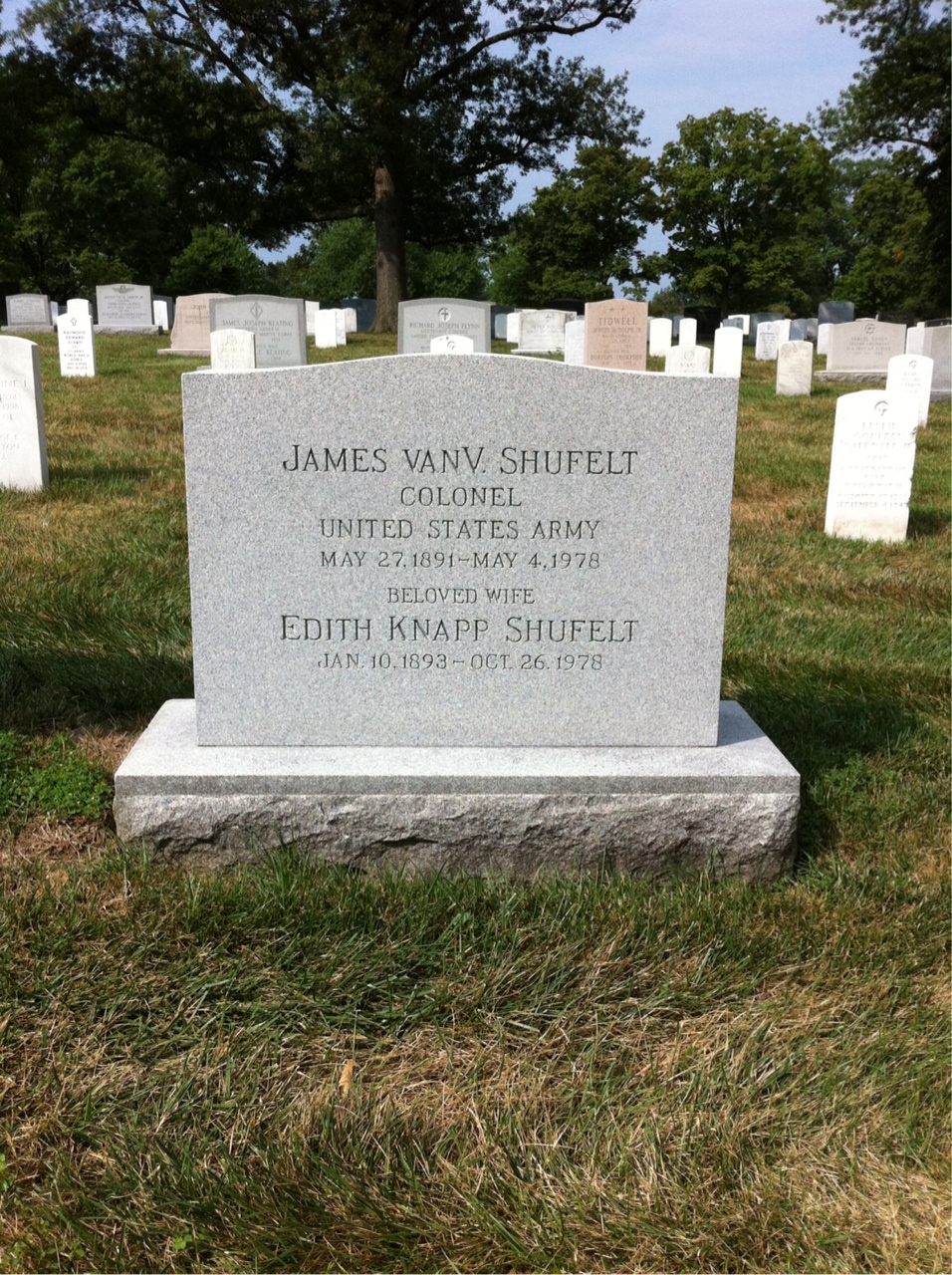 Headstone shared by 3 interments, including James V Shufelt
