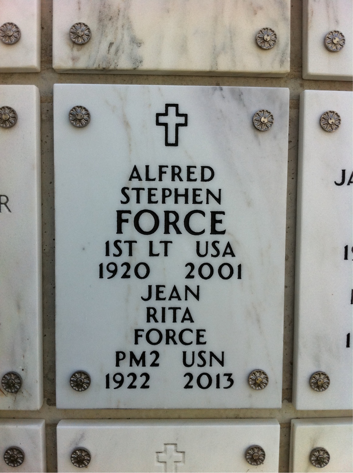 Headstone shared by 2 interments, including Alfred S Force