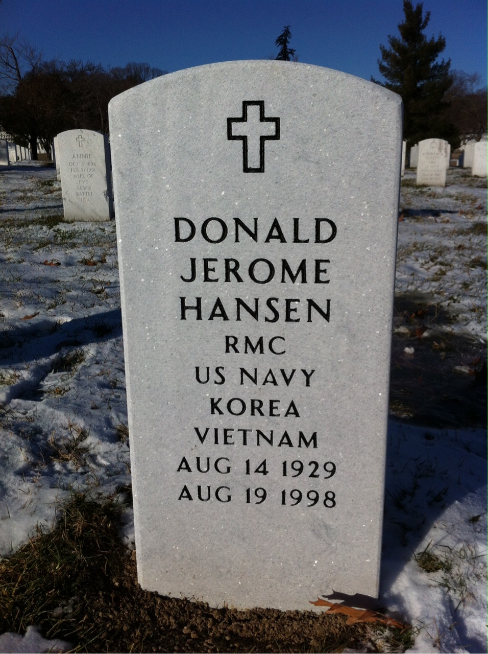 Headstone shared by 2 interments, including Donald Jerome Hansen