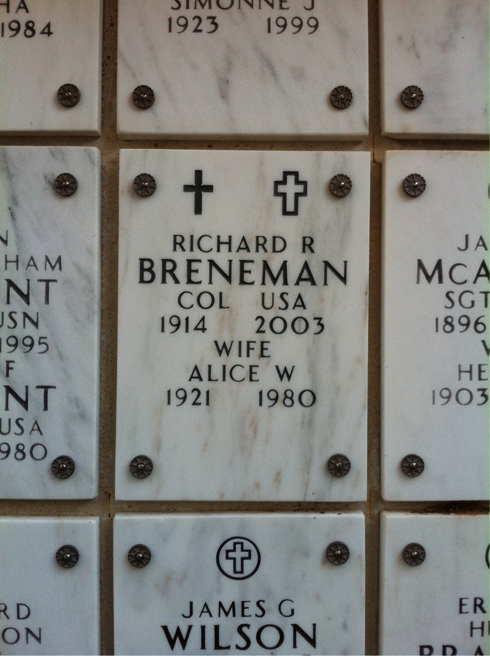 Headstone shared by 3 interments, including Alice W Breneman