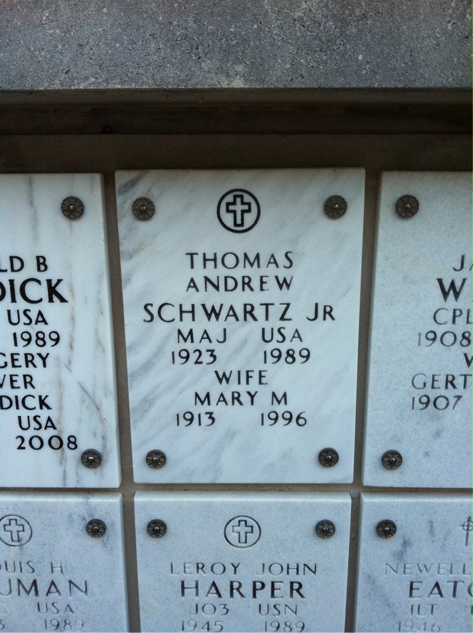 Headstone shared by 2 interments, including Thomas A Schwartz Jr.