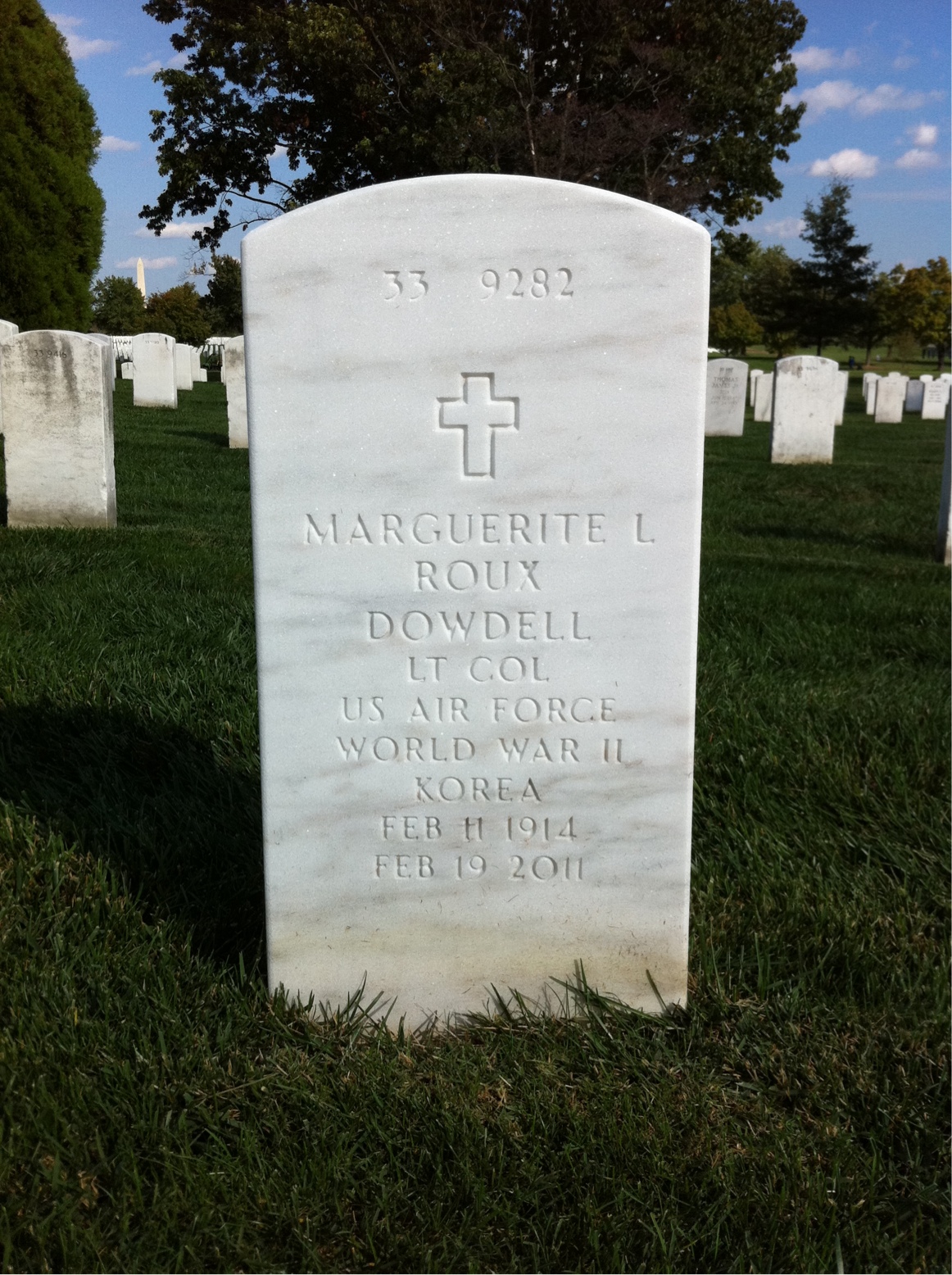 Headstone shared by 2 interments, including Marguerite L Roux Dowdell
