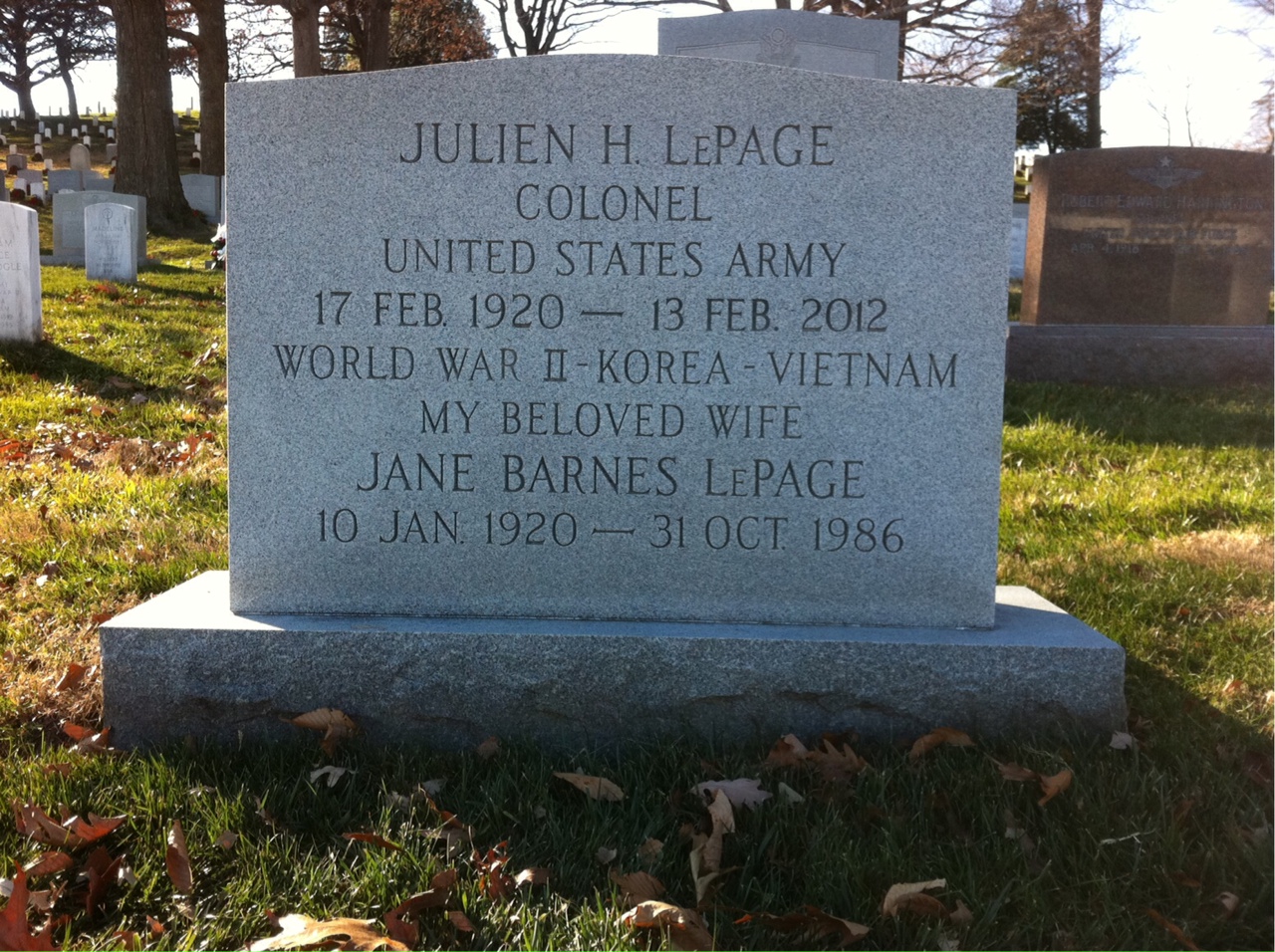 Headstone shared by 2 interments, including Julien Harvey Lepage